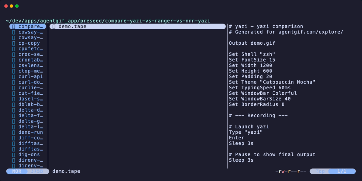 yazi — CLI Tool Guide — AgentGIF — GIF for humans. Cast for agents.